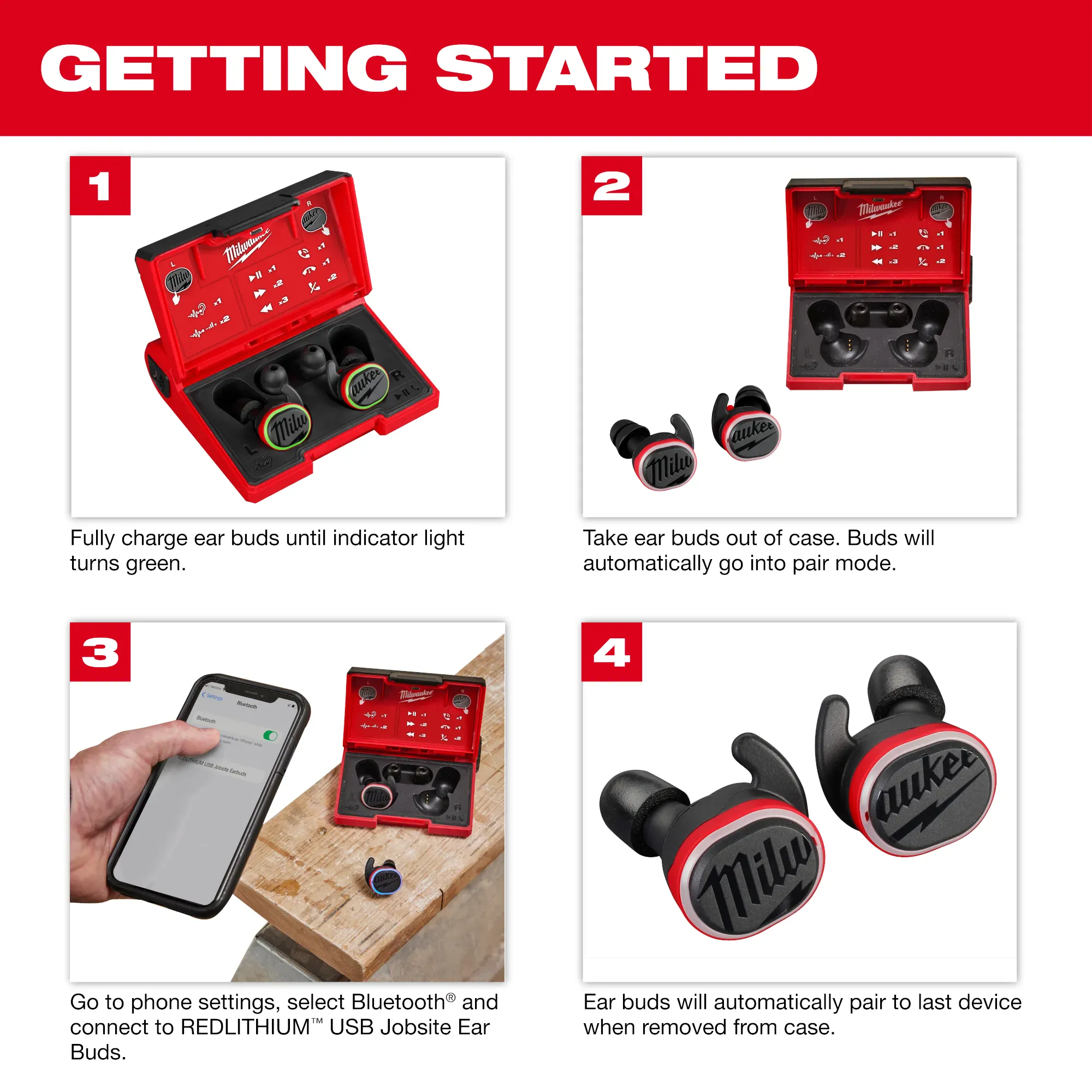 Milwaukee REDLITHIUM USB Bluetooth Jobsite Ear Buds from GME Supply